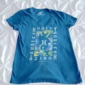 Hurley 100% Cotton Teal Floral Short Sleeve Surfer Beach Tee Shirt Womens XS EUC